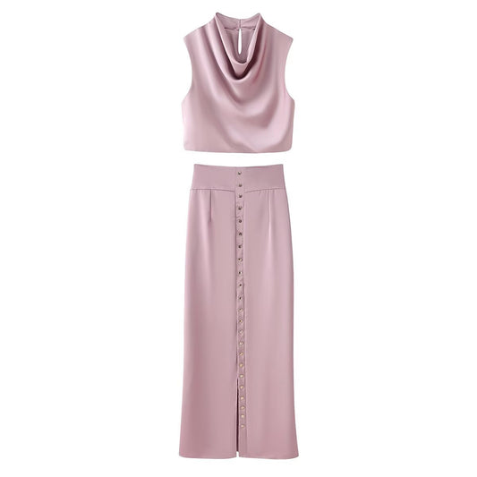 Women Elegant Solid Summer Silk Satin Skirt Sets
