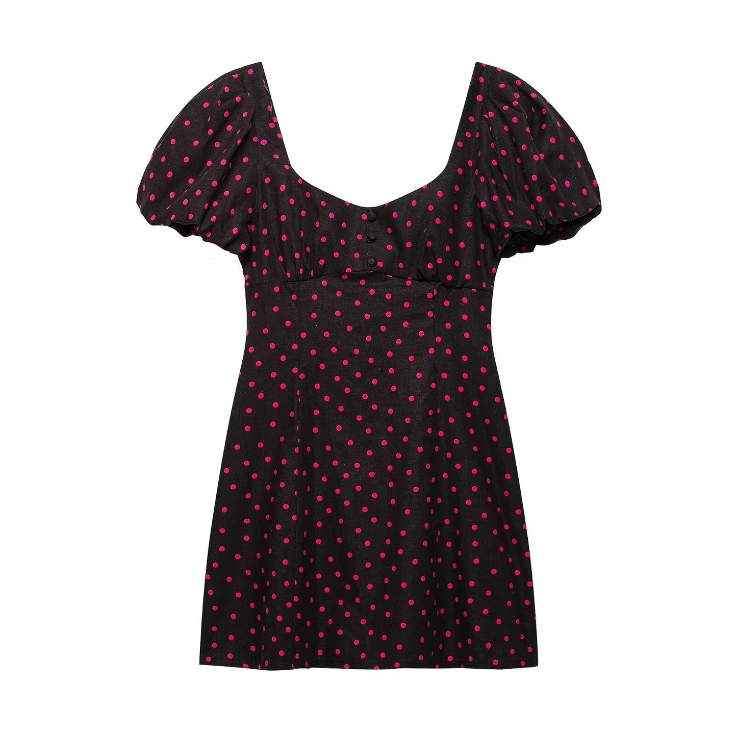 Summer French Retro Dots Puff Sleeve Square Neck Cinched Slimming Dress