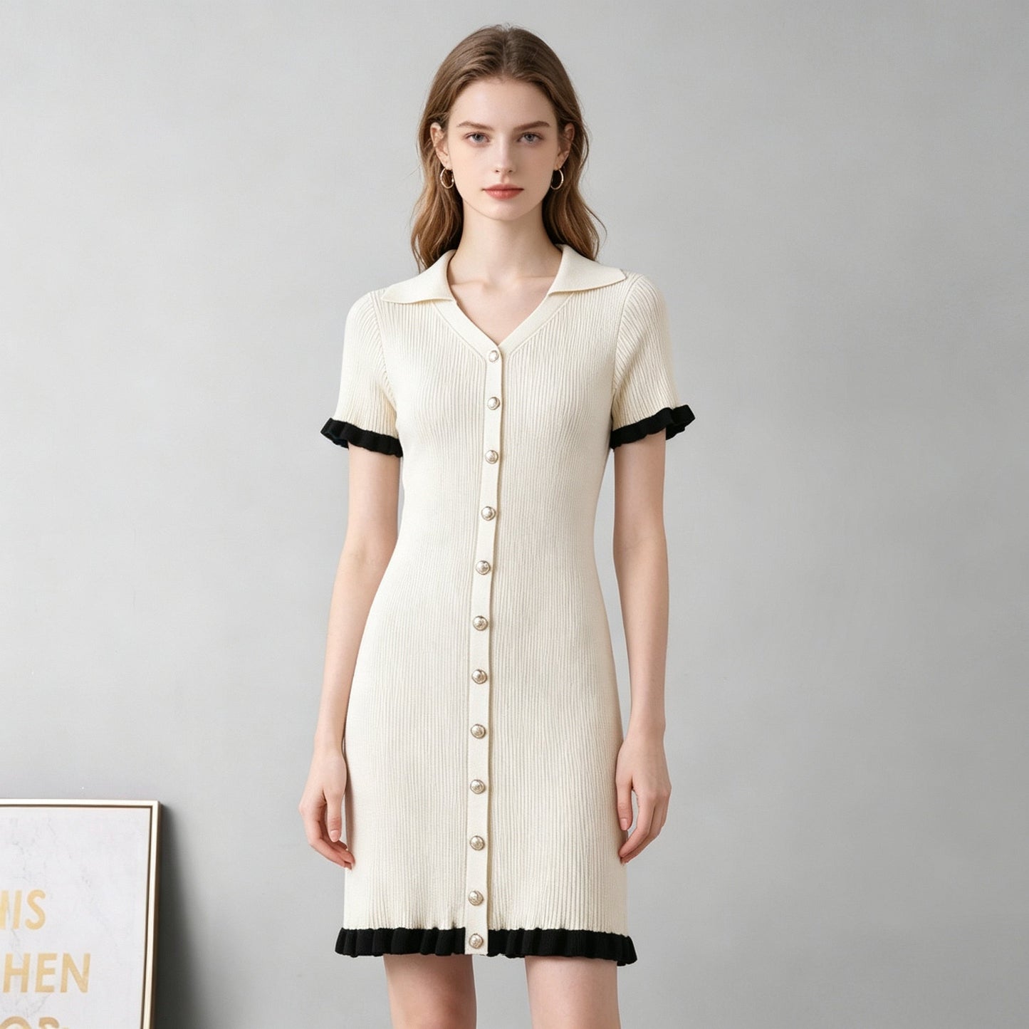 Women V Neck Fitted And Slimming Single Button Patchwork Short Sleeved Knitted Halter Neck Dress