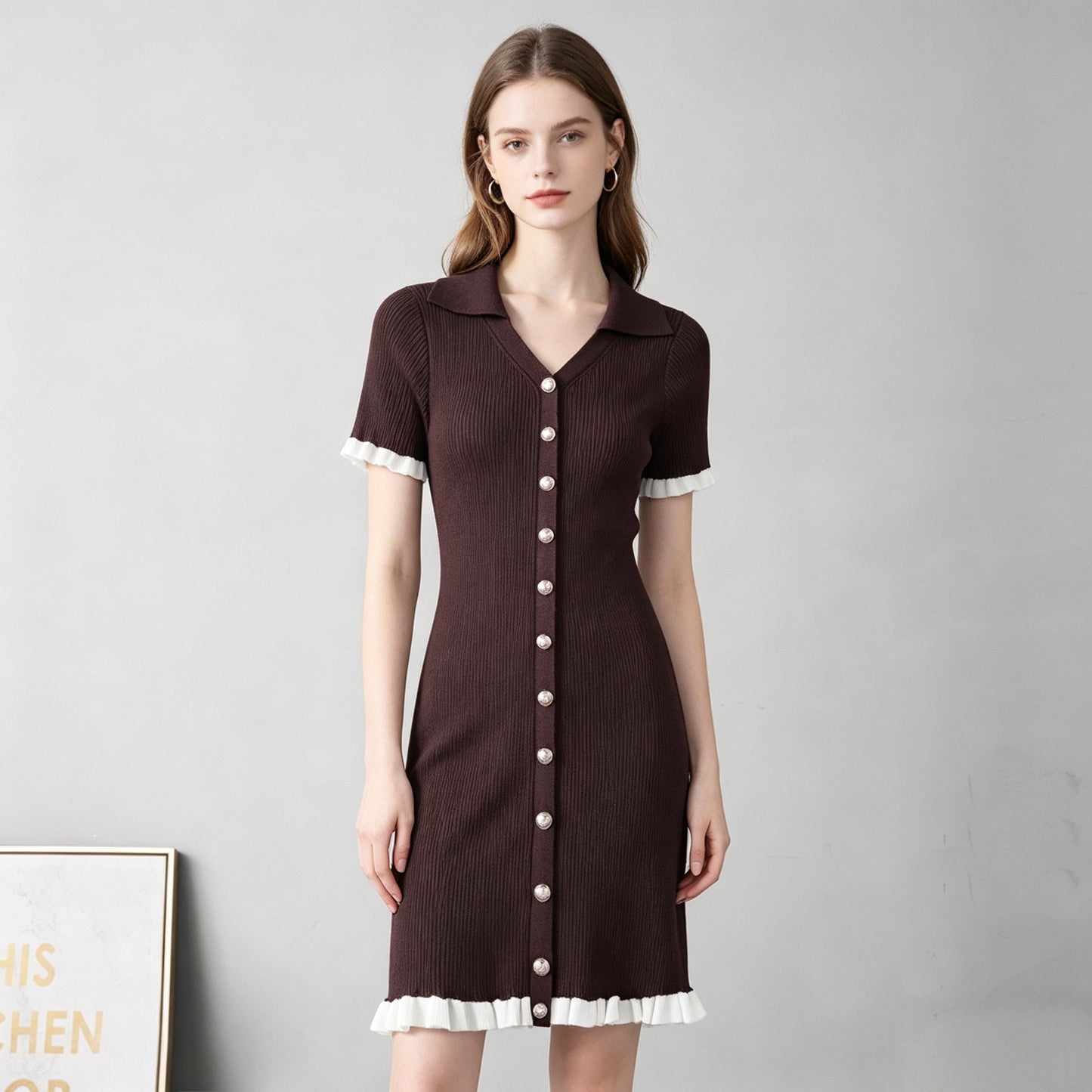 Women V Neck Fitted And Slimming Single Button Patchwork Short Sleeved Knitted Halter Neck Dress