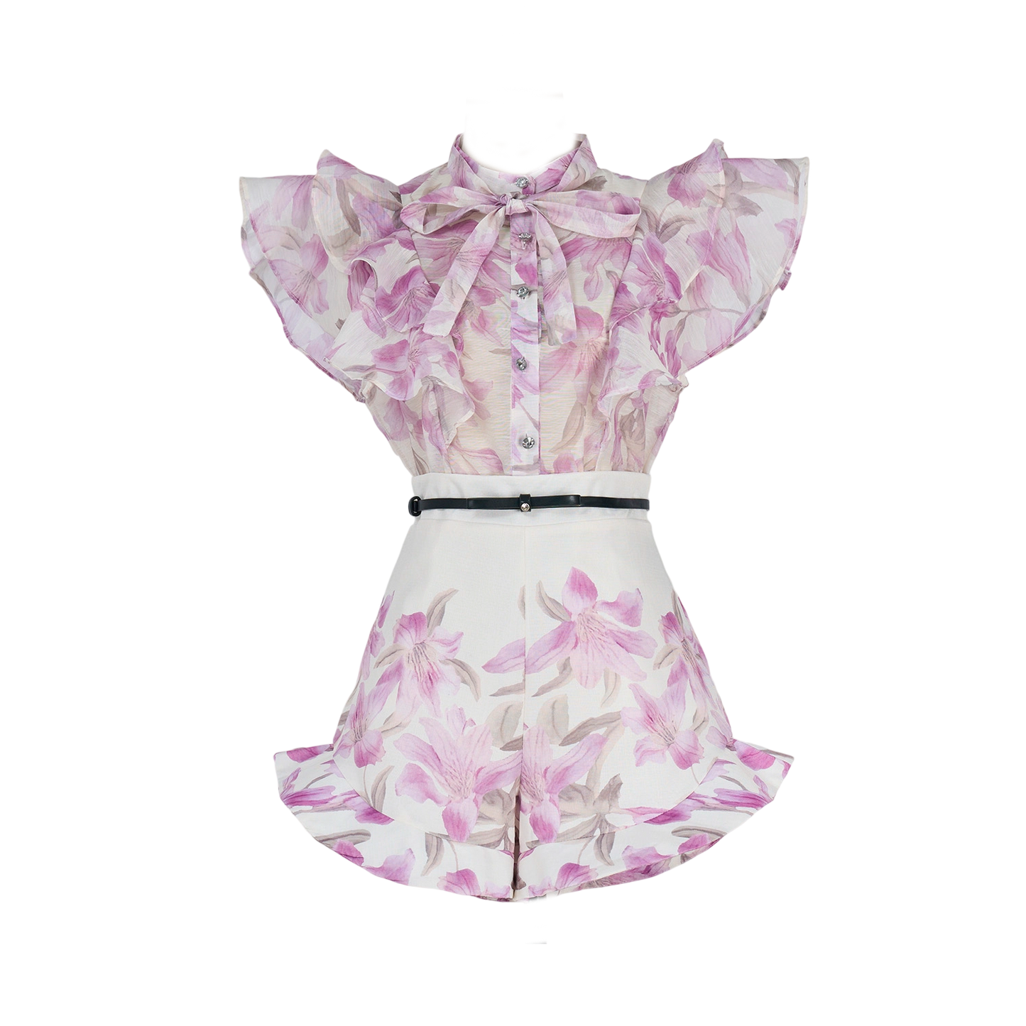 Women Court Style V Necked Frilled Hemline Diamond Buttoned Sleeveless Short Skirt Two Piece Sets