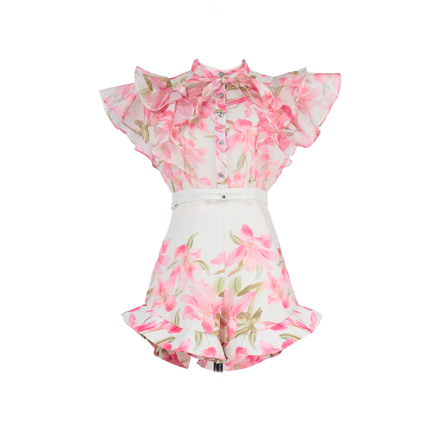 Women Court Style V Necked Frilled Hemline Diamond Buttoned Sleeveless Short Skirt Two Piece Sets