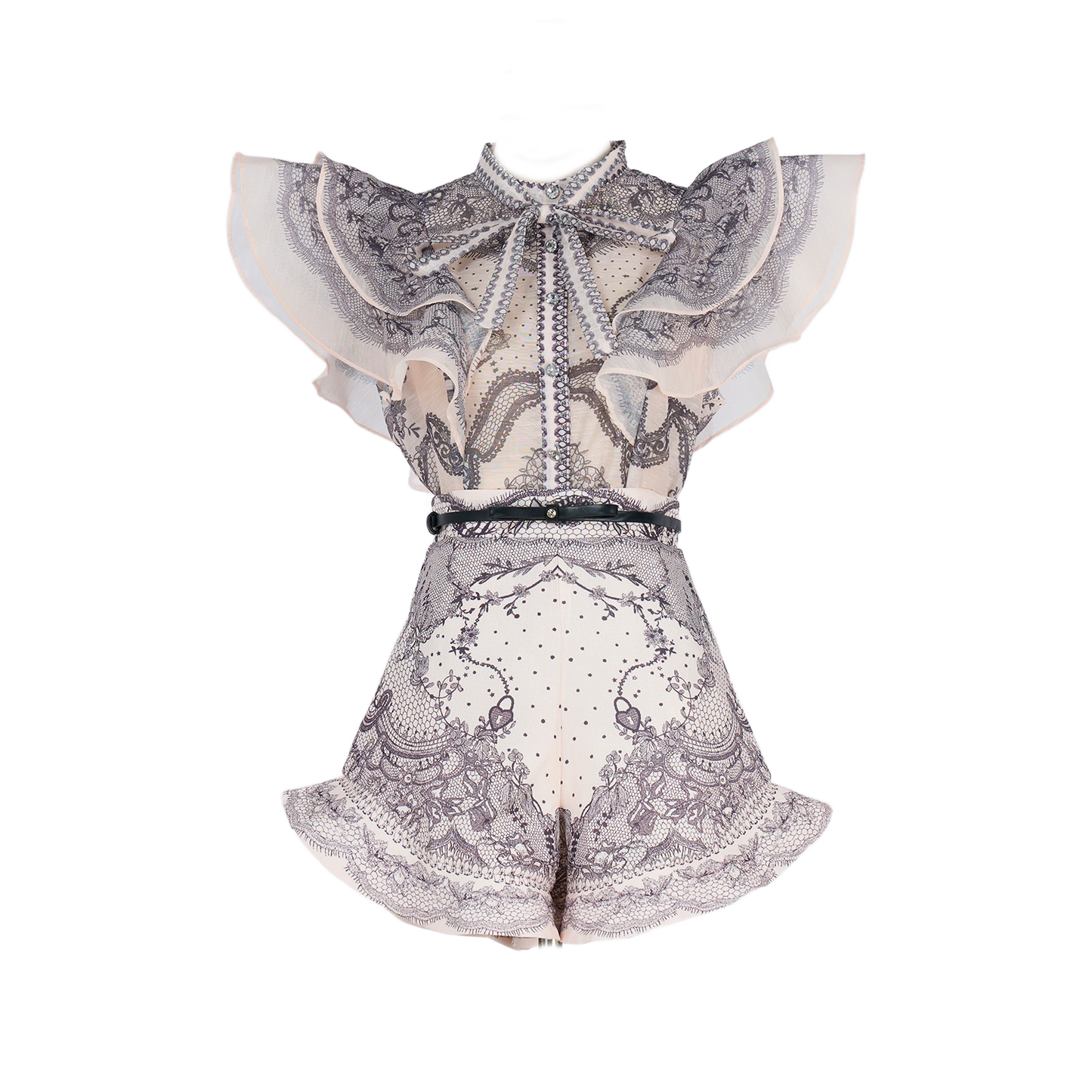 Women Court Style V Necked Frilled Hemline Diamond Buttoned Sleeveless Short Skirt Two Piece Sets