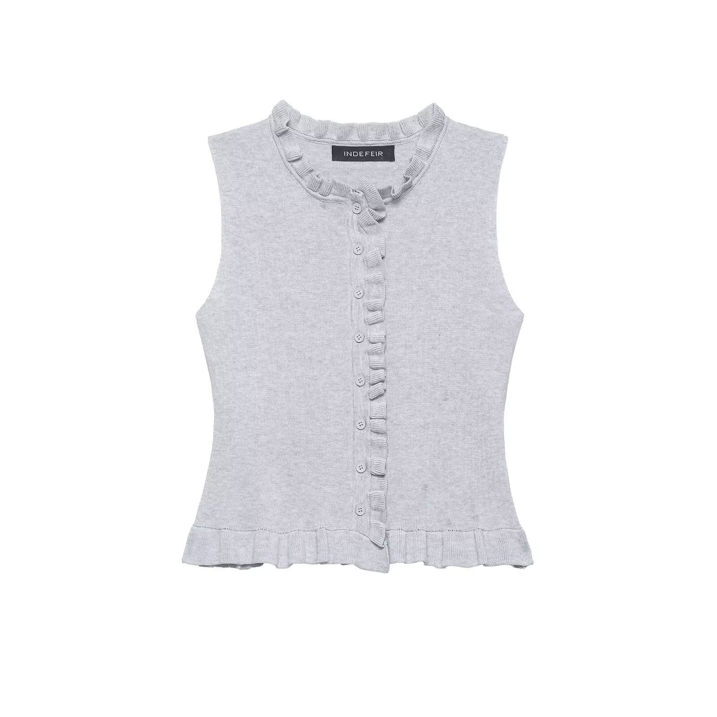 Women Clothing Summer Laminated Decoration Soft round Neck Sleeveless Knitwear