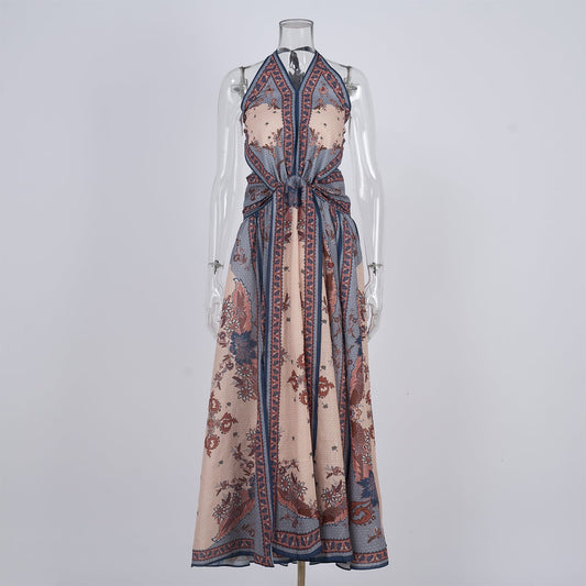Women Printed Halter Neck One Piece Dress