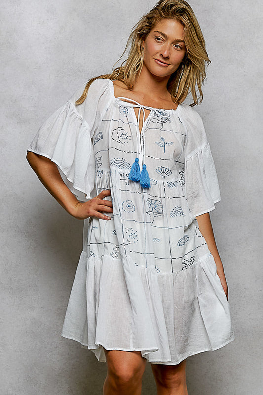 POL Tied Tassel Embroidery Half Flared Sleeve Mini Dress