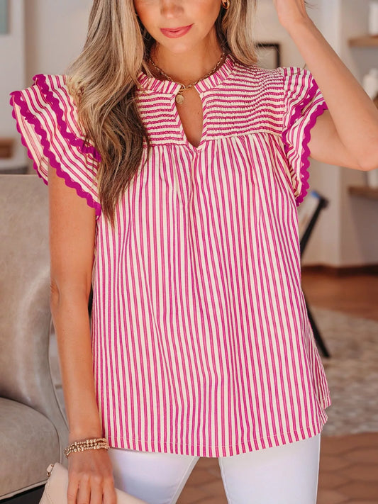 Stripe Shirred Yoke Ruffled Short Sleeve Blouse
