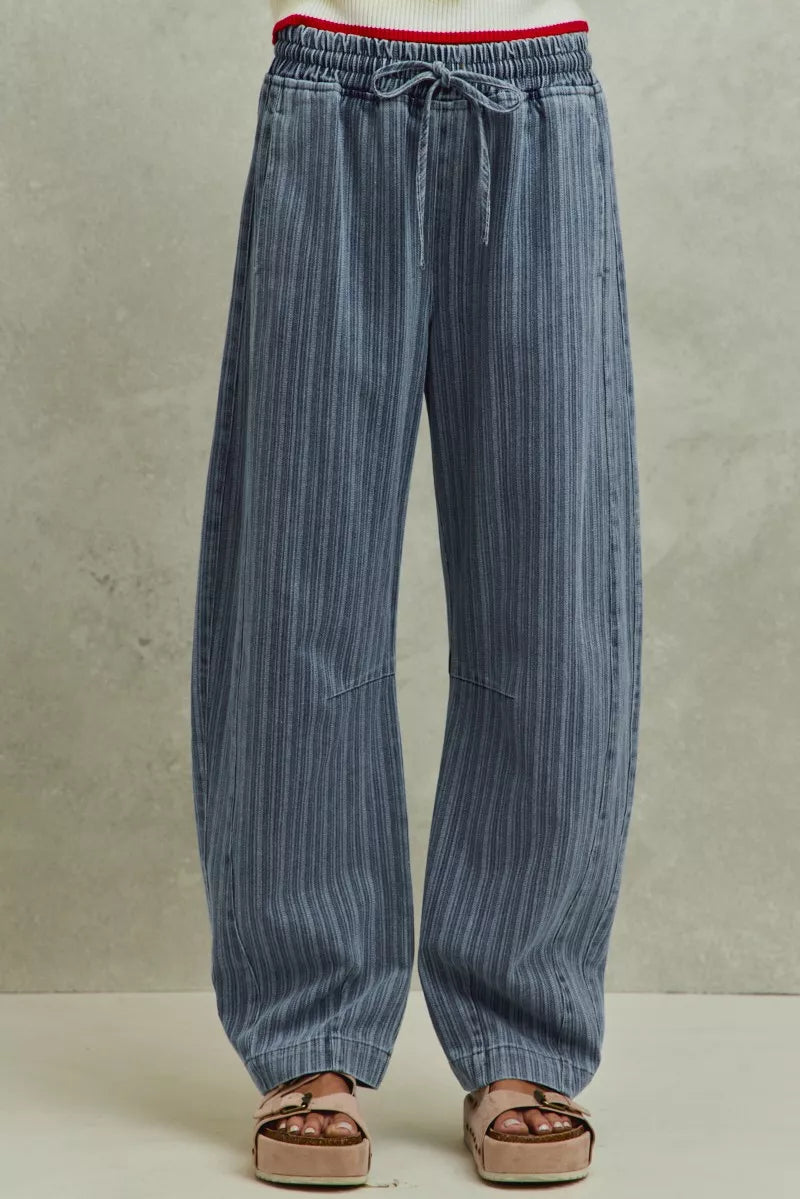 SO ME Stripe Denim Barrel Jeans Drawstring Waistband