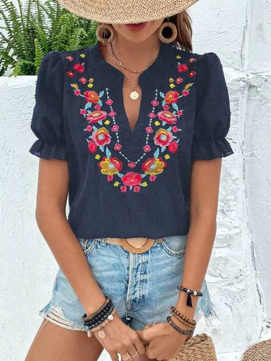 Floral Embroidered Puff Sleeve Blouse