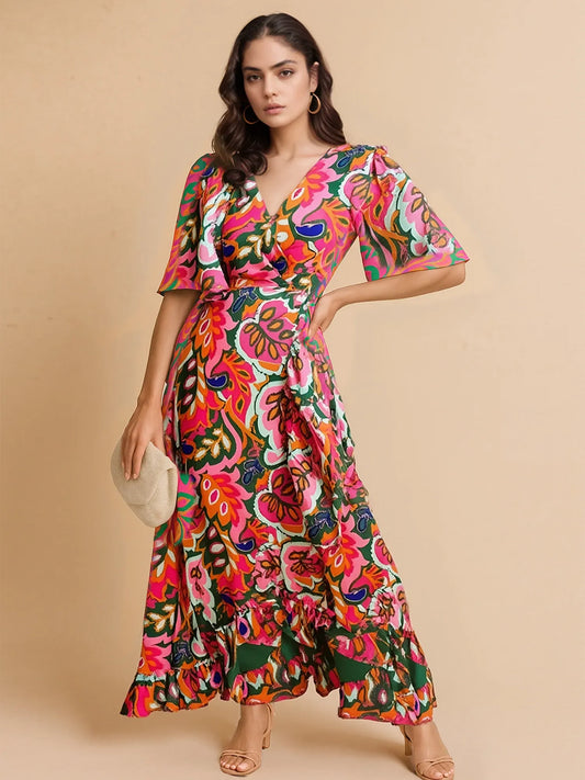 Floral Print Wrap Maxi Dress with Ruffle Details