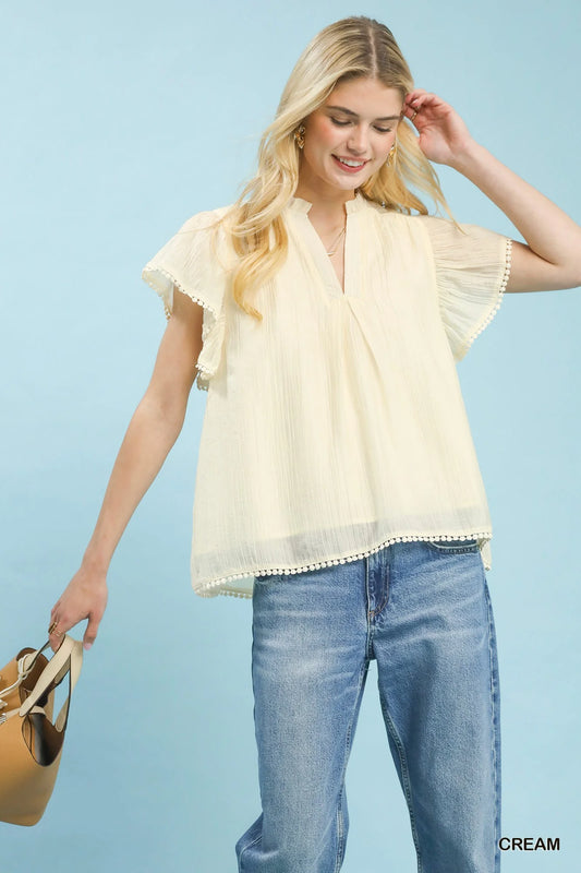 Umgee Flutter Sleeve Relaxed Top with Trim Detail