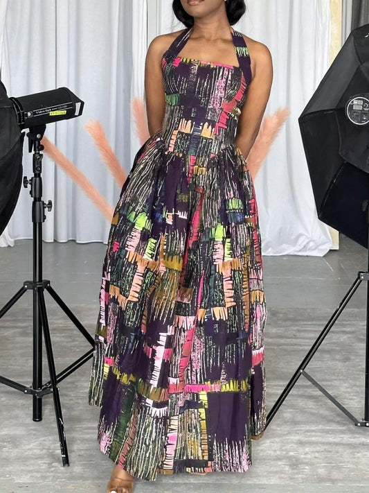 Full Size Abstract Print Halter Neck Maxi Dress Plus Size