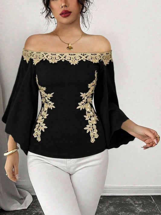 Off-Shoulder Embroidered Bell Sleeve Top