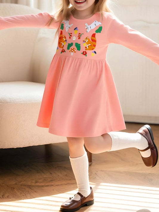Children's Animal Embroidered Long Sleeve Dress