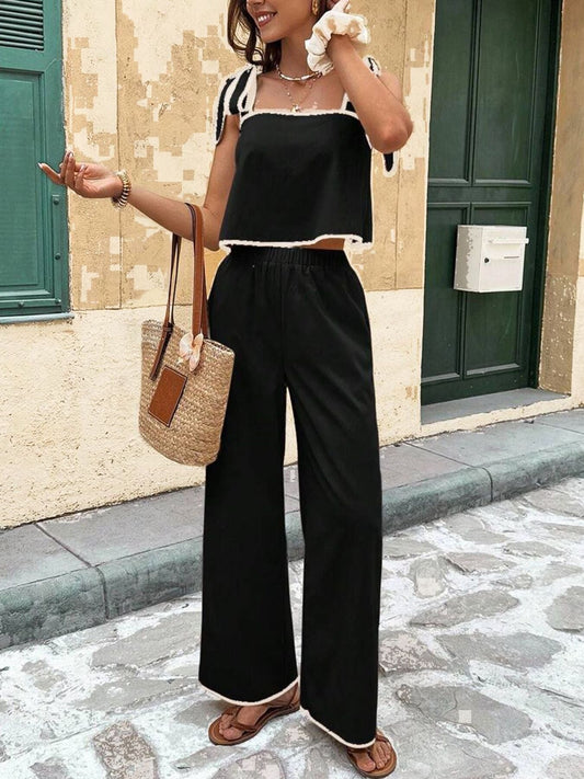 Tie Shoulder Cami and Wide Leg Pants Set