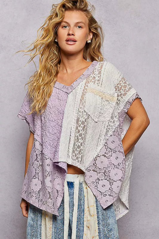 POL Asymmetrical V-Neck Short Sleeve Lace Top
