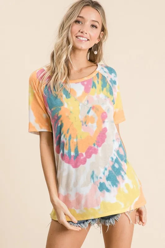 BiBi Tie Dye Print Short Sleeve T-Shirt with Raglan Sleeves