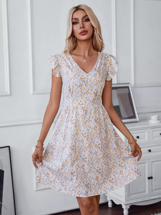 Floral Print Lace Trim Tie Back Mini Dress