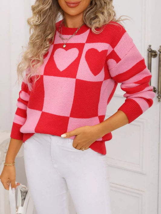 Heart Pattern Checkerboard Knit Sweater