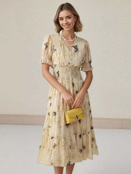 Butterfly Print Smocked Waist Tiered Midi Dress
