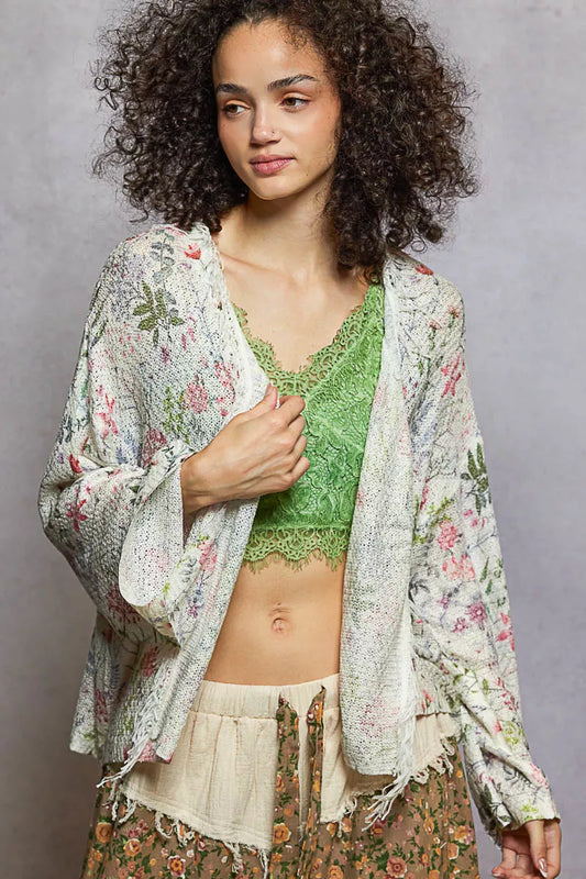 POL Open Front Floral Cardigan with Center Open Fringe