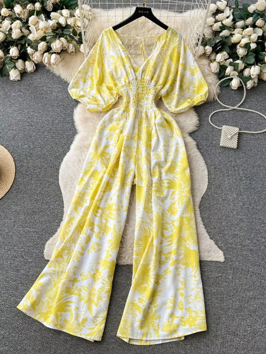 Smocked V-Neck Wide Leg Jumpsuit