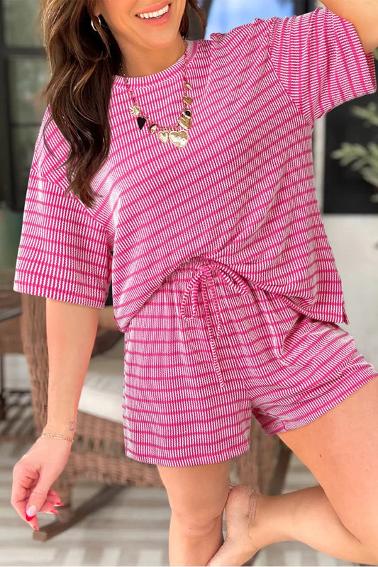 Stripe Raised Rib Loose Tee Drawstring Elastic Waist 2pcs Short Set