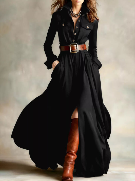 Button Front Long Sleeve Maxi Dress
