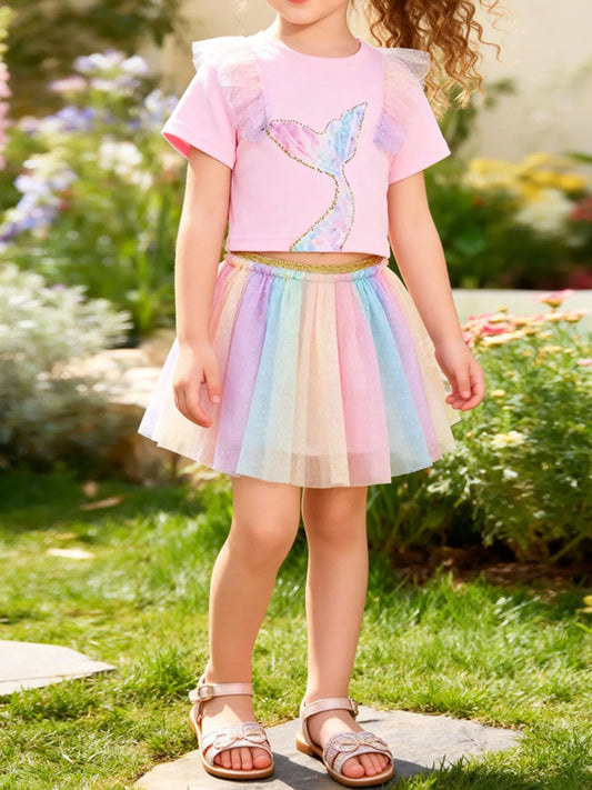 Children's Mermaid Tail Tee & Rainbow Tulle Skirt Set