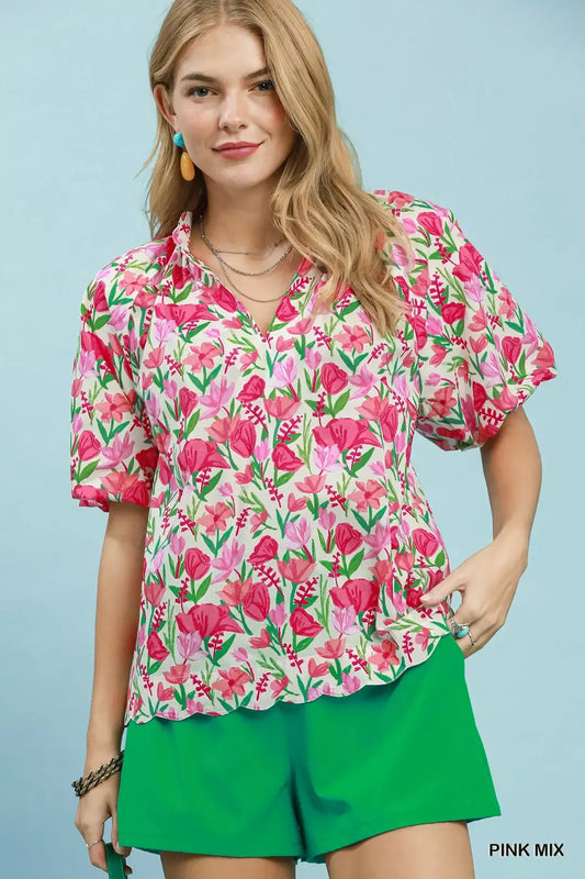 Umgee Floral Puff Sleeve Blouse with Scalloped Details