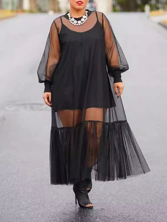Scoop Neck Cami Dress and Sheer Mesh Dress Set