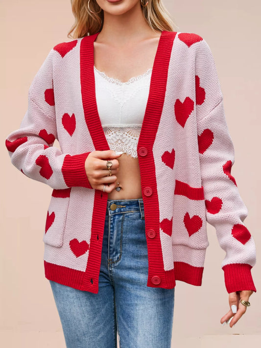 Heart Pattern Button-Up Knit Cardigan
