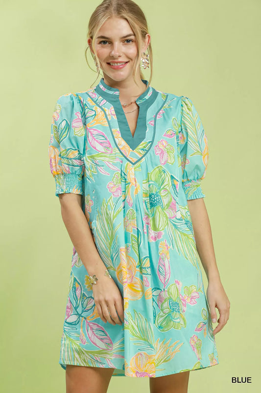 Umgee Botanical Print Dress with Smocked Cuffs