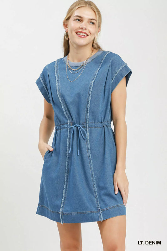 Umgee Drawstring Waist Frayed Denim Mini Dress