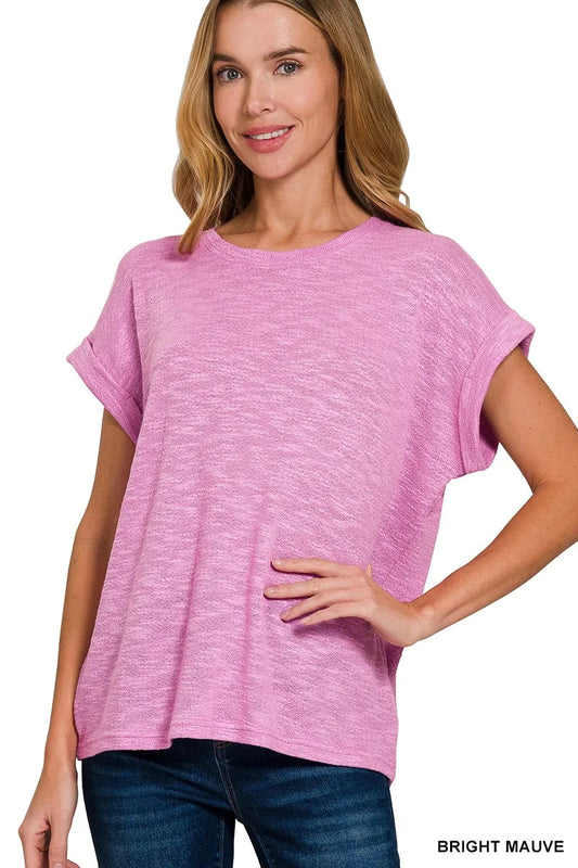 Zenana Hacci Slub Rolled Up Sleeve Tee