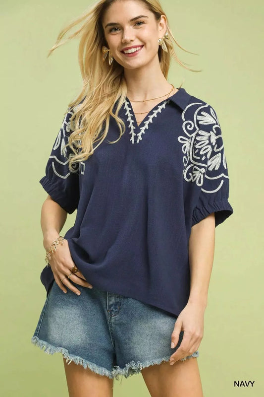 Umgee Floral Embroidered Sleeve Blouse