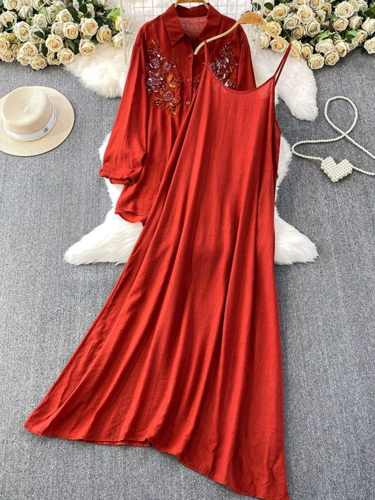 Sequin Flower Button Up Shirt and Cami Dress Set