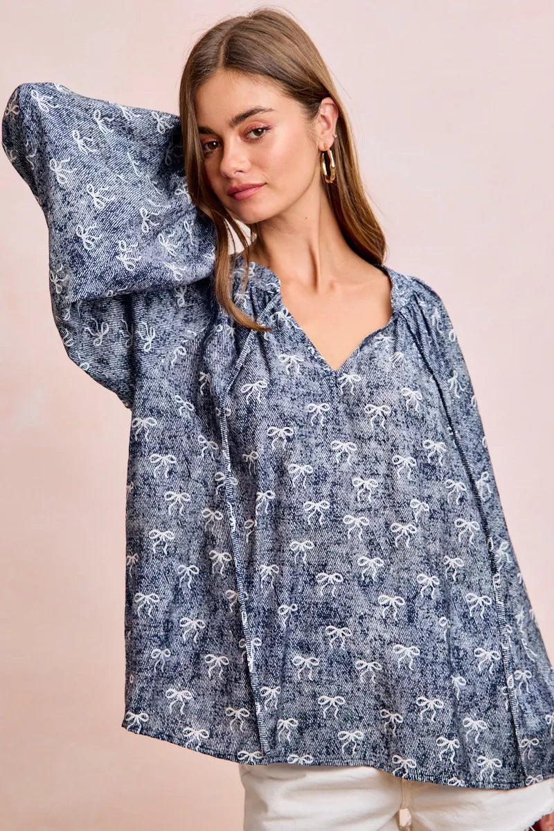 BiBi Ribbon Bow Print Exaggerated Balloon Sleeves Top