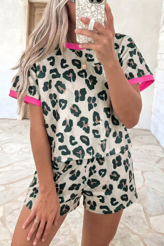 Leopard Print Short Sleeve Top and Shorts Set