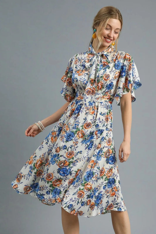 Umgee Floral Print Flutter Sleeve Dress