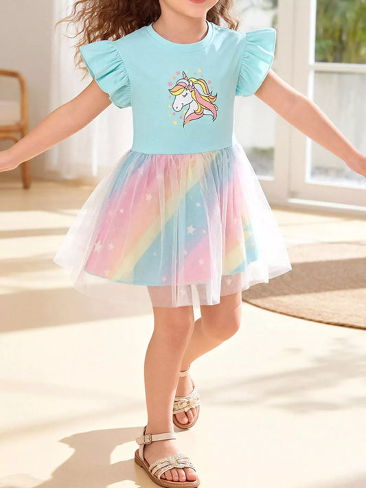 Children's Unicorn Graphic Rainbow Tulle Layered Dress