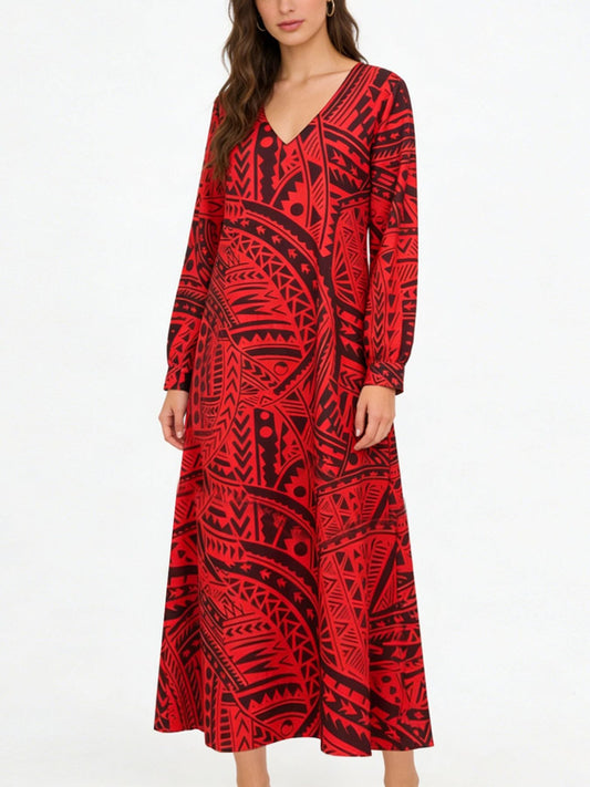 Tribal Print V-Neck Long Sleeve Dress