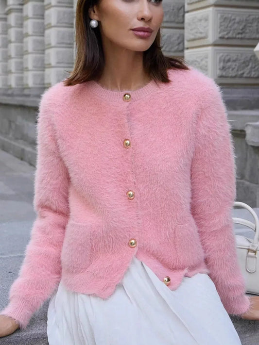 Fluffy Knit Button Up Cardigan