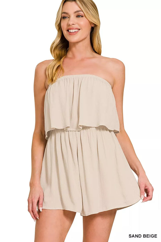 Zenana Woven Crinkle Strapless Rompers