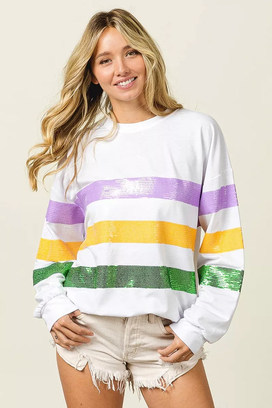 BiBi Sequin Mardi Gras Striped Round Neck Sweatshirt