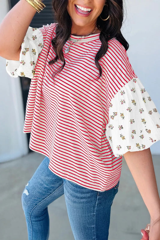 Stripe Floral Puff Sleeve Patchwork Round Neck Loose Top