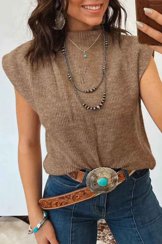 Solid Color Ribbed Knit Mock Neck Loose Sweater Vest