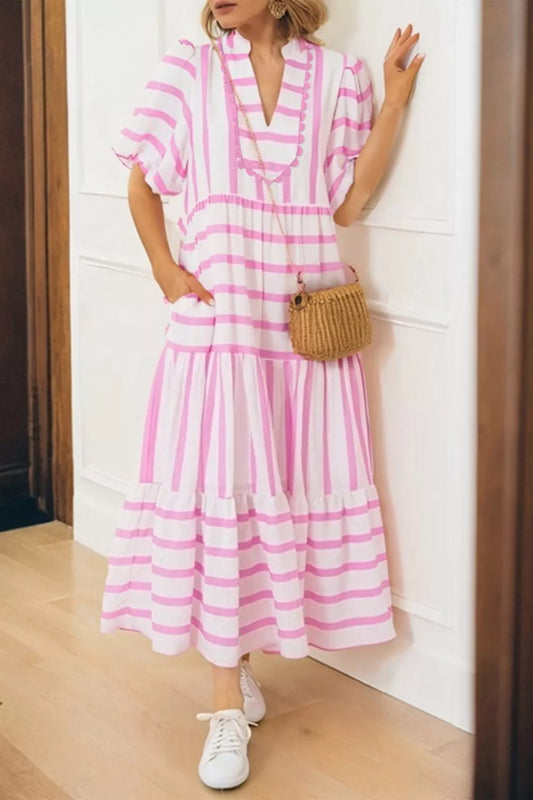 Stripe Ricrac Trim Notched Neck Half Sleeve Dress