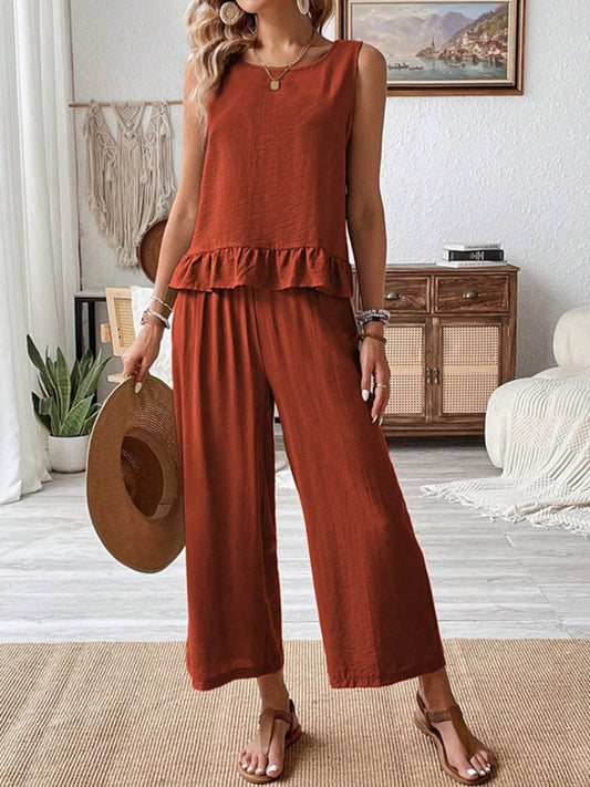 Sleeveless Ruffle Hem Tank and Wide Leg Two-Piece Set