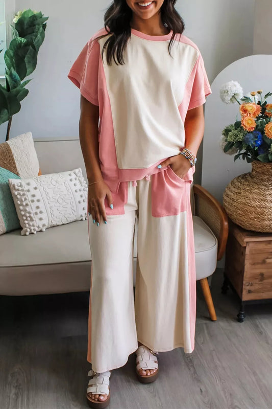 Two-tone Color Block Patchwork Tee Drawstring Loose Pant Set